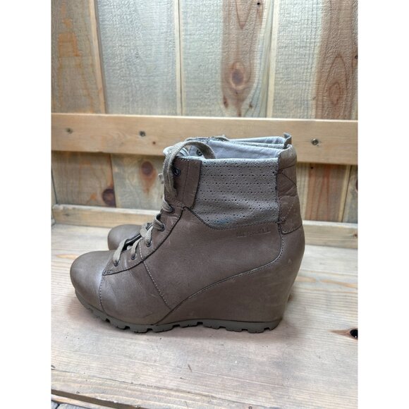 Merrell Womens Wedge Ankle Boots Size 8 Khaki Gray Leather & Suede - Picture 8 of 11